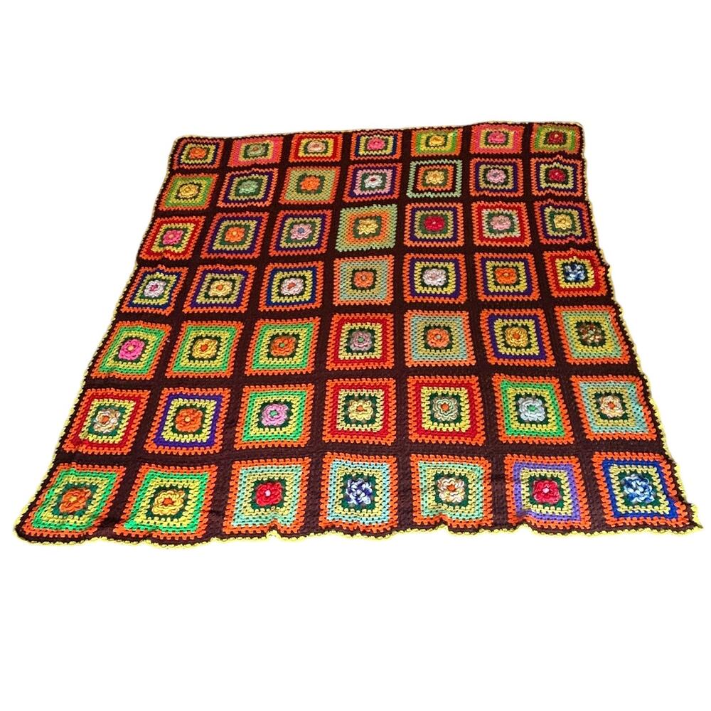 Vintage Oversized Granny Square Crochet Blanket 8x8 Floral Boho Afghan Large -